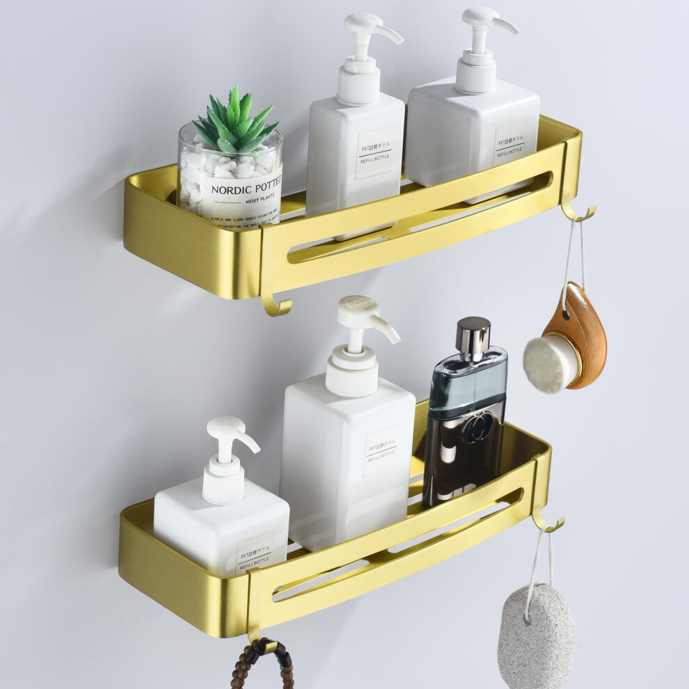 Hnvner Shower Caddy Brushed Shower Shelf No Drilling, Aluminum Alloy Bathroom Wall Shelves With Hooks Shower Storage Holder For Shampoo, Rust Gold