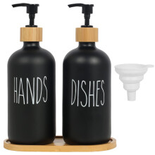 Luabue 2Pcs Soap Dispenser Kitchen Hand & Dish Wash Dispenser Washing Up Liquid Dispenser Black Glass Soap Dispenser 500ML with Bamboo Pump &Tray for