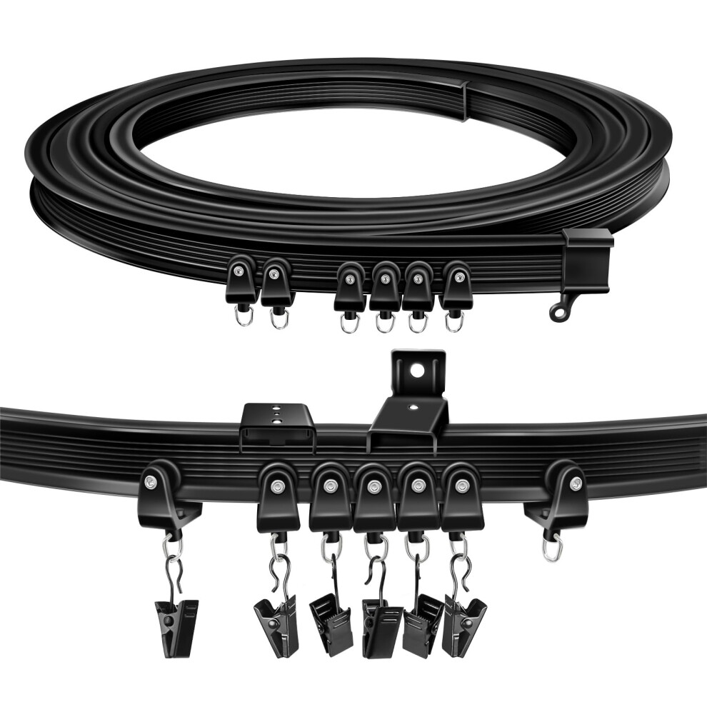 TOKPLNU Curtain Track, Flexible Bendable Curtain Rail 2.5m Black Curved Curtain Track Ceiling Wall Mounted Curtain Rails and Fittings for Bay Window