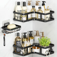 ZVZM Corner Shower Caddy Organiser Rack Accessories, 3 Pack Shower Shelves Shelf Storage No Drilling with 12 Hooks, Bathroom Storage Shelves Accessory