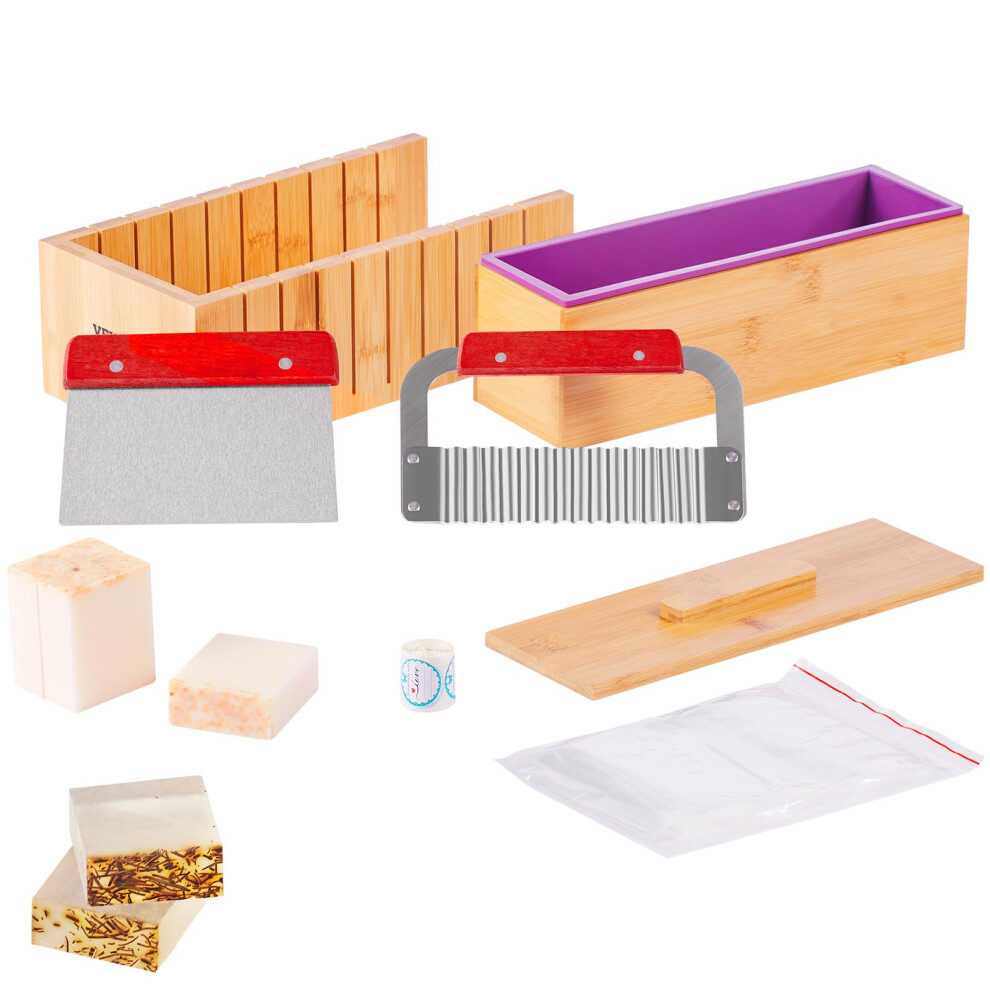 VEVOR Soap Making Kit, Bamboo Cutting Box and Inner Box with Silicone Mold, Stainless Steel Straight Cutter and Wavy Cutter, 100 Bags and 105