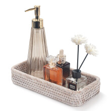 Rattan Bathroom Vanity Trays Toilet Tank Baskets Long Narrow Hand Towel Storage Basket for Storage, Decorative (Whitewash 10.2 x 4.9 x 1.8 inch)