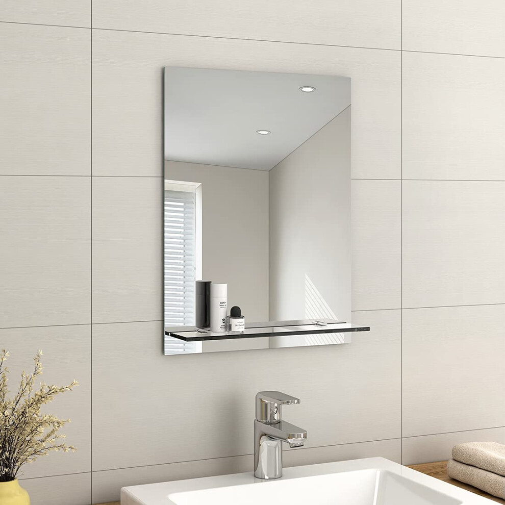 Emke Frameless Mirror With Shelf - Small Bathroom Wall Shaving Mirror With Storage, Rectangle Vanity Mirrors 45X60cm