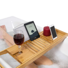 Relux Premium 100% Natural Bamboo Bath Caddy Bridge ? Extendable Luxury Book Rest, Wine Glass Holder, Device (Tablet, Kindle, iPad, Smart Phone) Tray