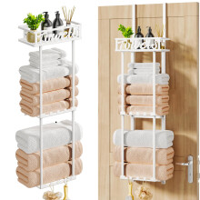HapiRm Over Door Towel Rack - 3 Tier Towel Rack Wall Mounted with Metal Shelf Basket and 6 Hooks, Space-Saving Bathroom Towel Holder, Bathroom Towel