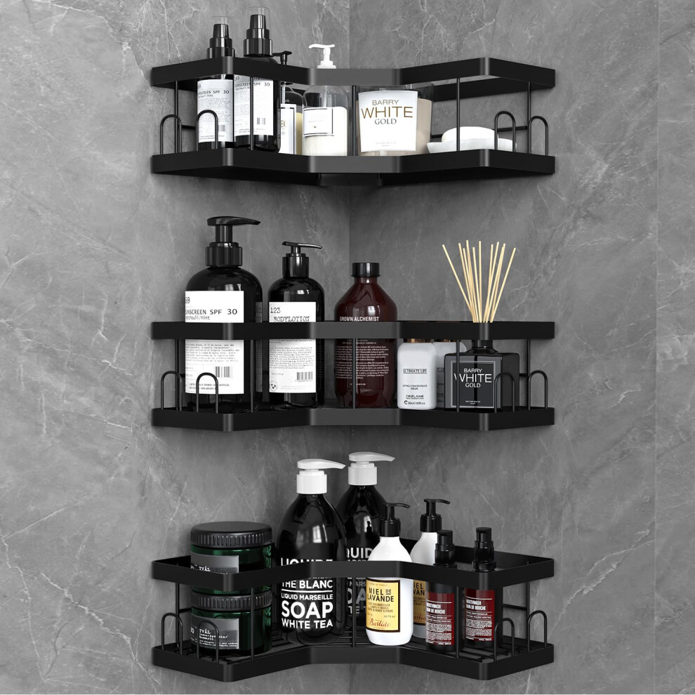 Acemining Shower Caddy, 3 Pack Bathroom Shelves, Adhesive Shower Shelf No Drilling, Shower Storage, Shower Organiser, Rust-Resistant Shower Caddy Corner, Black