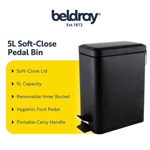 Beldray Beldray LA041173BLKFEU7 Bathroom Pedal Bin ? Rectangular Soft-Close Lid Rubbish Bin, Kitchen/Bedroom/Office Waste, 5 L Capacity Removable Inner 1