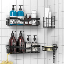 UUlioyer Shower Caddy 4-Pack, Shower Shelf No Drilling, Bathroom Accessory with Soap Razor Holder, Black