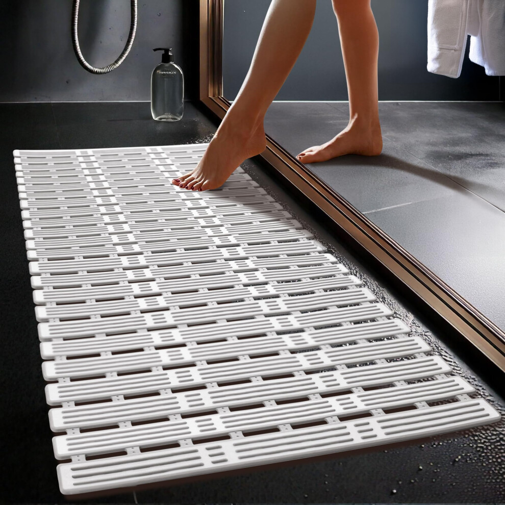 Shower Mat Non Slip Anti Mould - White & Grey 90x40cm Non Slip Bath Mats For Inside Bath, Shower Tray & Bathroom Tiles - Cut To Size Rubber Bath Mat