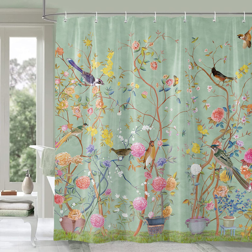 Banlmeyd Shower Curtain Mould Proof Resistant Waterproof Bird Floral Bathroom Curtains With 12 Hooks Quick-Drying Weighted 180X180cm (71X71inch) Green