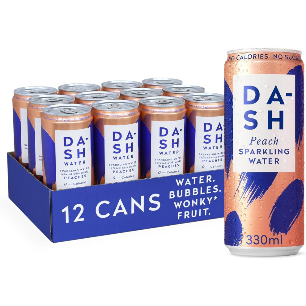 Dash Water - 12 X Flavoured Sparkling Spring Water - No Sugar, No Sweetener, No Calories - Infused With Wonky Fruit (12 X 330Ml Cans) Peach