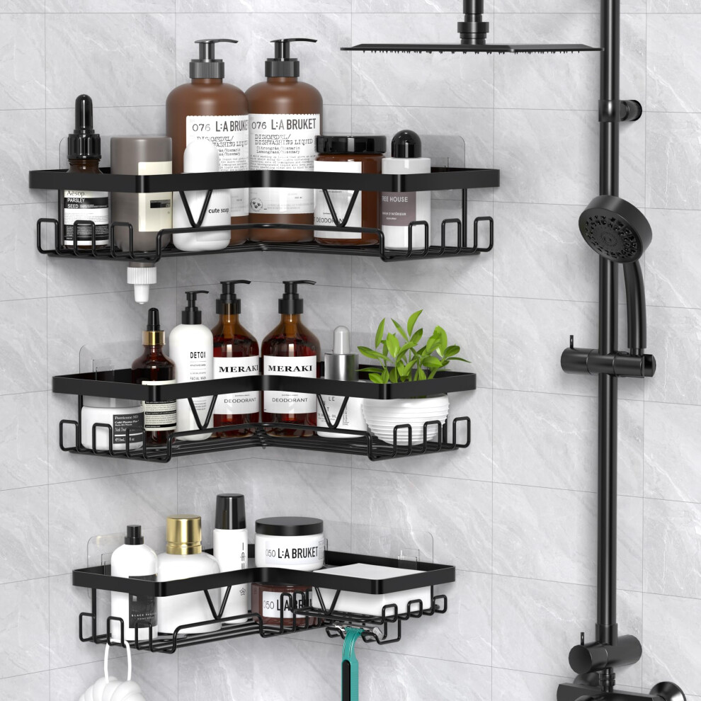 Kegii Corner Shower Caddy, Bathroom Shower Organiser Shower Storage With Soap Holder, No Drilling Bathroom Corner Shelves, 3 Pack Black