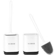ASOBEAGE ASO-1 Silicone Toilet Brush, Flexible Head & Long Handle, No-Drill Wall Mount, Quick-Drying Ventilated Holder, White, 2-Pack