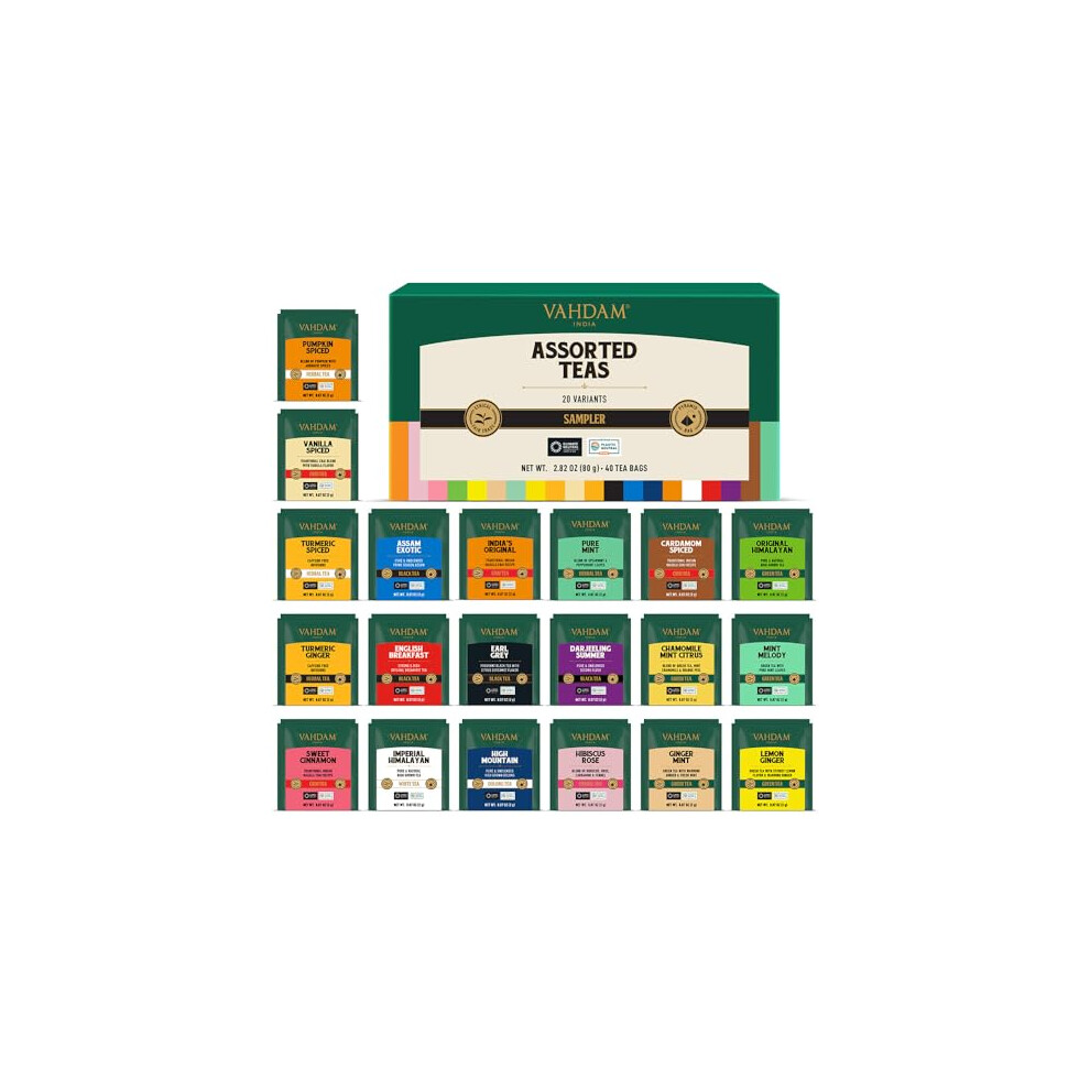 Vahdam , Assorted Tea Sampler (20 Variants, 40 Pyramid Tea Bags) Premium Tea Variety Pack | Long Leaf Pyramid Tea Bags Variety Pack | Gifts For Women &