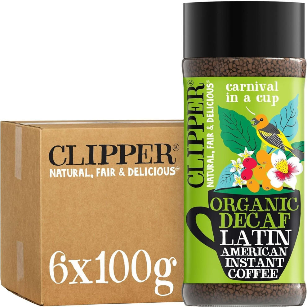 Clipper Latin American Organic Instant Decaf Coffee | 6 X 100G Jars | Bulk Buy Gourmet Decaffeinated Instant Coffee | Sustainable Fairtrade Arabica By