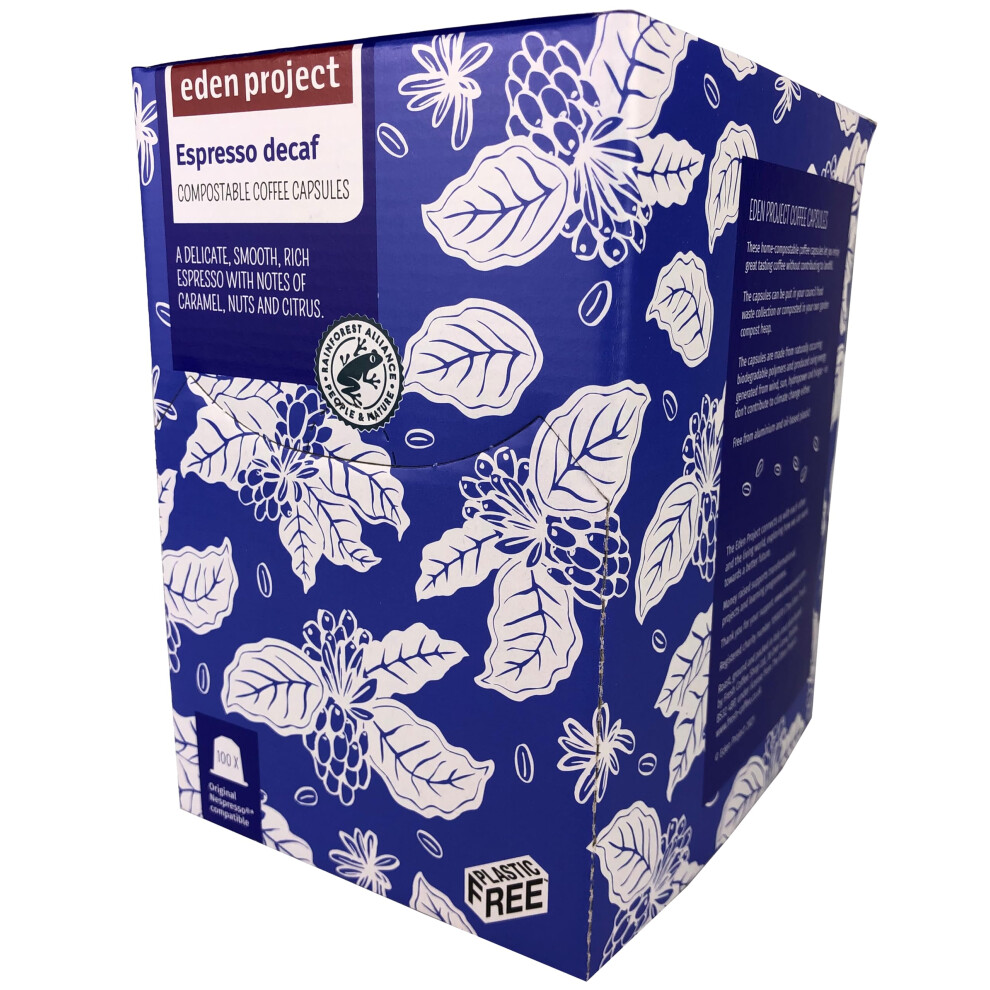 The Eden Project Home Compostable Coffee Pods - Compatible With Nespresso Original System Coffee Machines - Extra Value 100 Pod Pack (Decaf Italian