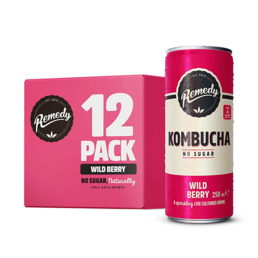 Remedy Kombucha Tea - Wild Berry - Sparkling Live Cultured, Naturally Sugar Free Soft - Probiotic For Gut Health - 12 X 250Ml