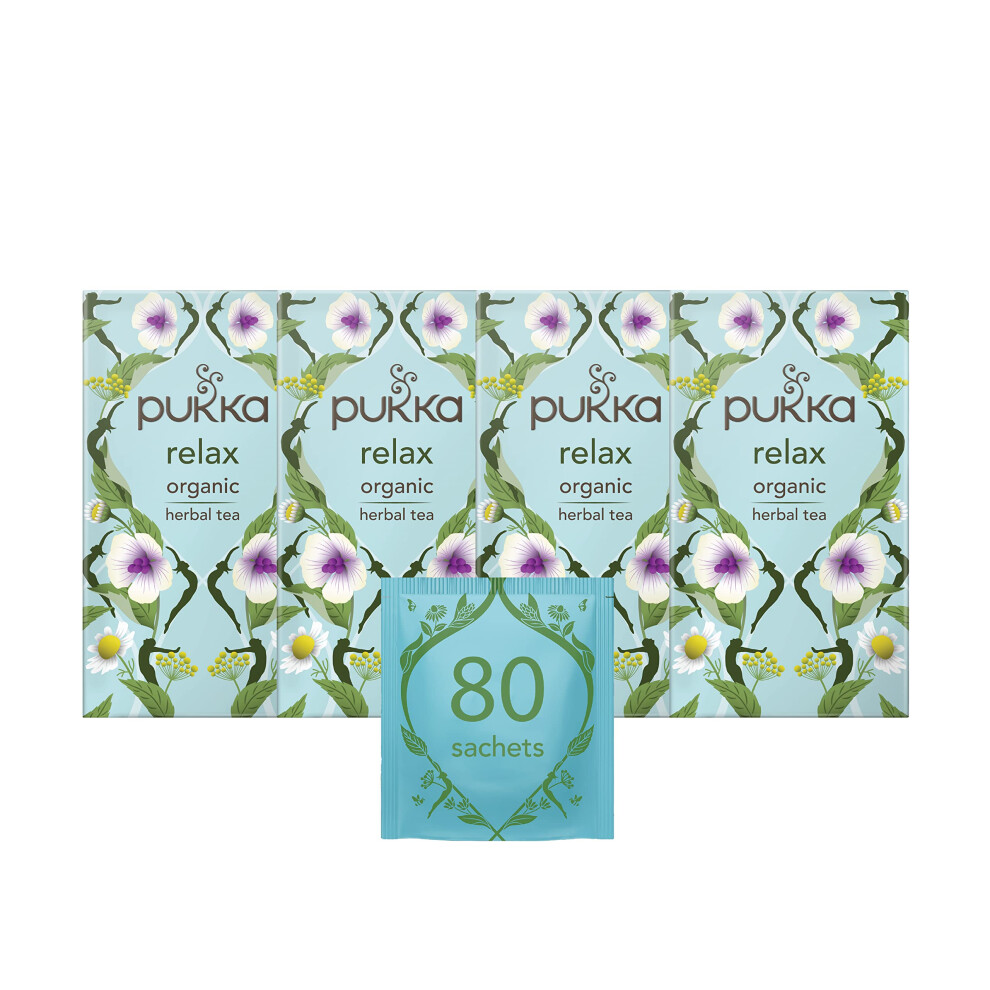Pukka Herbs | Relax Organic Herbal Tea Box | Tea Infusion With Chamomile, Cardamon And Fennel | Perfect For Calming | Caffeine Free | 4 Packs | 80