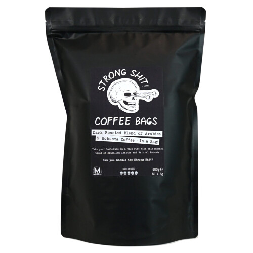 Moreish Coffee Roasters Strong Shit! Coffee Bags - Dark Roasted Blend of Arabica and Robusta (50 Coffee Bags)