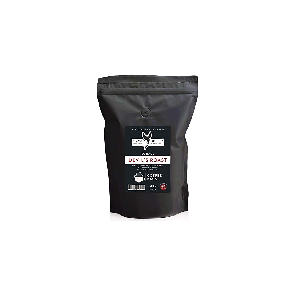 Black Donkey Devil's Roast | Extra-Strong Highly Caffeinated Bold Coffee | 50 Coffee Bags | Premium Robusta By Coffee Roasters
