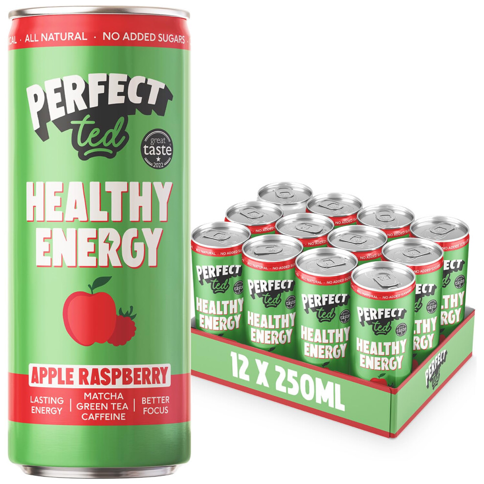 Perfect Ted Apple Raspberry Healthy Energy Drink - 12X250ml Cans, Clean, All-Natural Sustained Energy, 80Mg Caffeine Per Can, 30Kcal