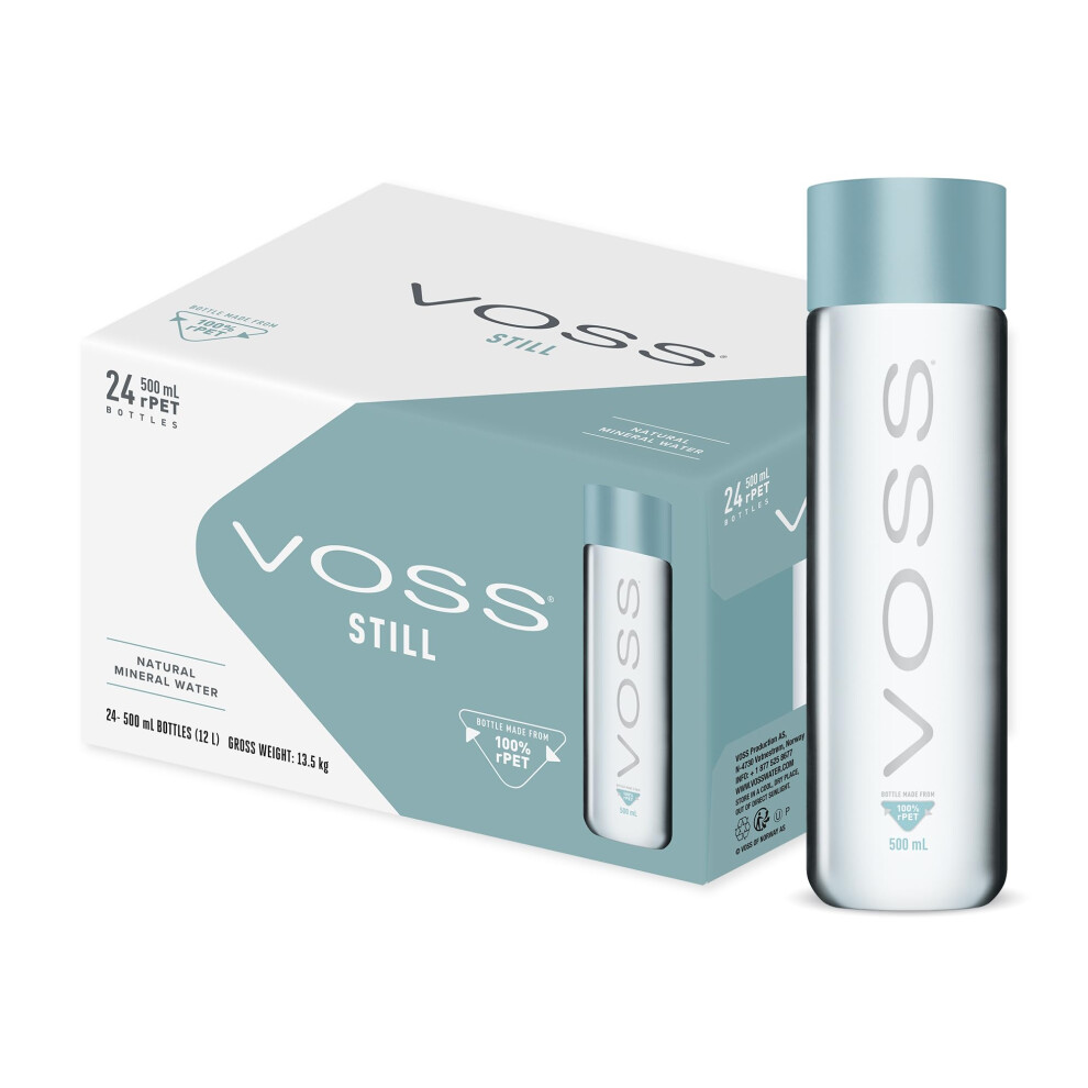 Voss Uk Artesian Still Water, Natural, Pure Water, Pet Water Bottles, Bulk Pack Of 24 X 500 Ml