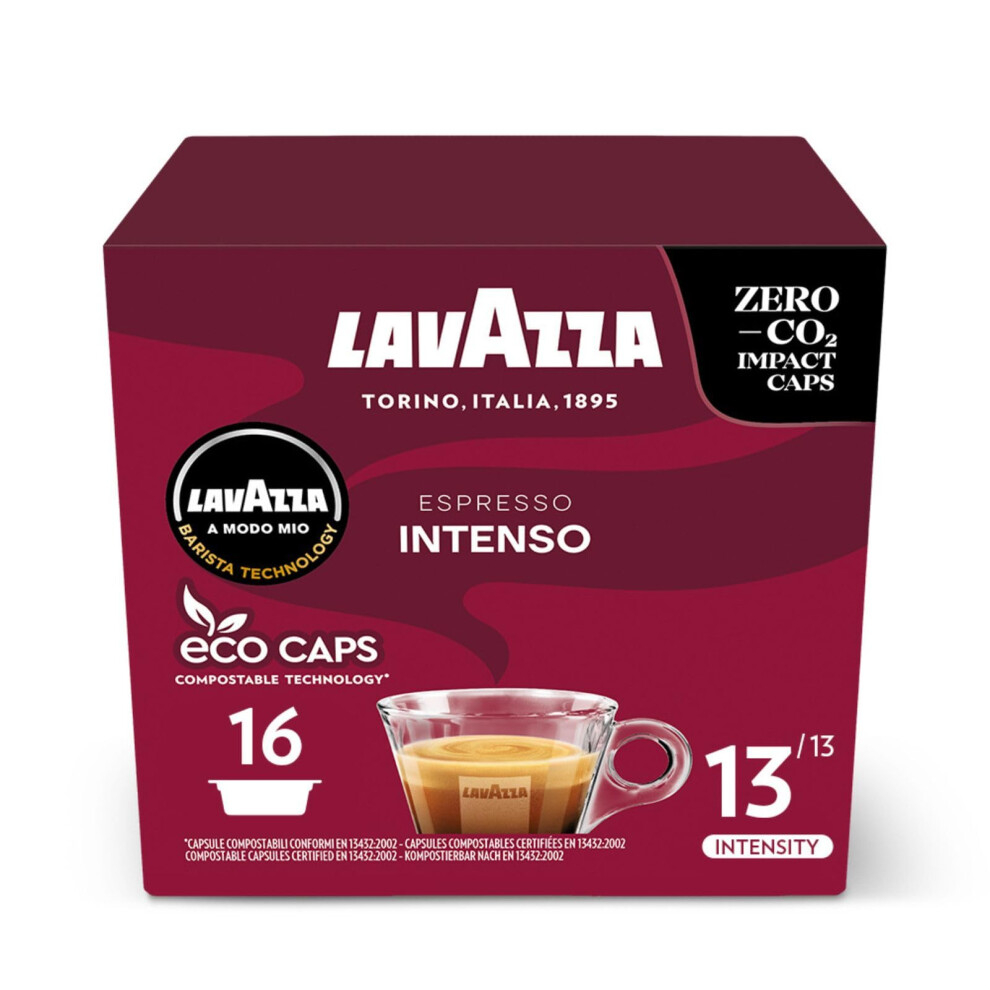 Lavazza A Modo Mio Espresso Intenso, Coffee Capsules, Arabica And Robusta, Spicy Notes, Intensity 13/13, Medium- Roasting, Compostable, 16 Packs Dark