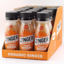 Zinger Ginger Shot (Pack of 15 x 70ml). Organic plant based shot with 18.4g of pressed ginger juice. Natural kick in a pocket-sized format with no