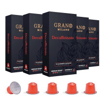 Grano Milano Decaffeinato - Aluminium Nespresso* Compatible Coffee Capsules | Medium Roast - Intensity 9/12 - Made in Italy - 5 Packs (50 Capsules)