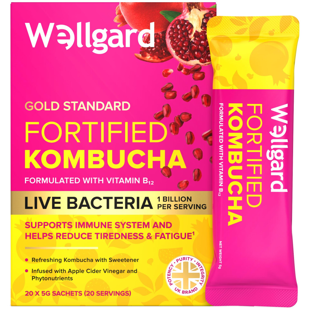 Wellgard Fortified Kombucha, Vegan Probiotic Drink Sticks, 1 Billion Cfu Bacillus Coagulans, Prebiotics, Vitamin B?? For Immune & Energy, 20 Sticks