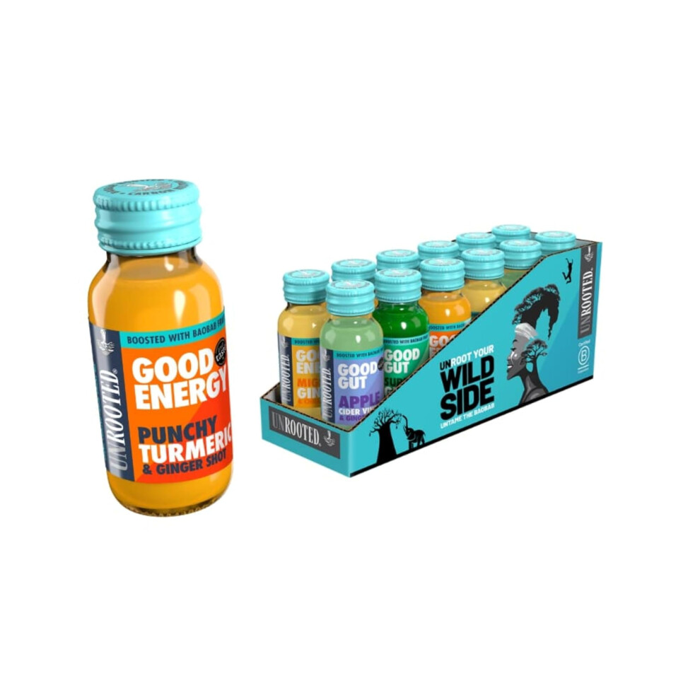 Unrooted Baobab Gut Health Shots Multipack - 3 Good Gut Super Greens, 3 Apple Cider Vinegar, 3 Good Energy Punchy Turmeric And 3 Mighty Ginger,
