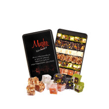 Mughe Gourmet Luxury Sultan Pistachio Turkish Delight Candy Elegant Gift Tin Box - 1.44lb/650g - Lokum Delights Orange, Hazelnut, Almonds - Perfect