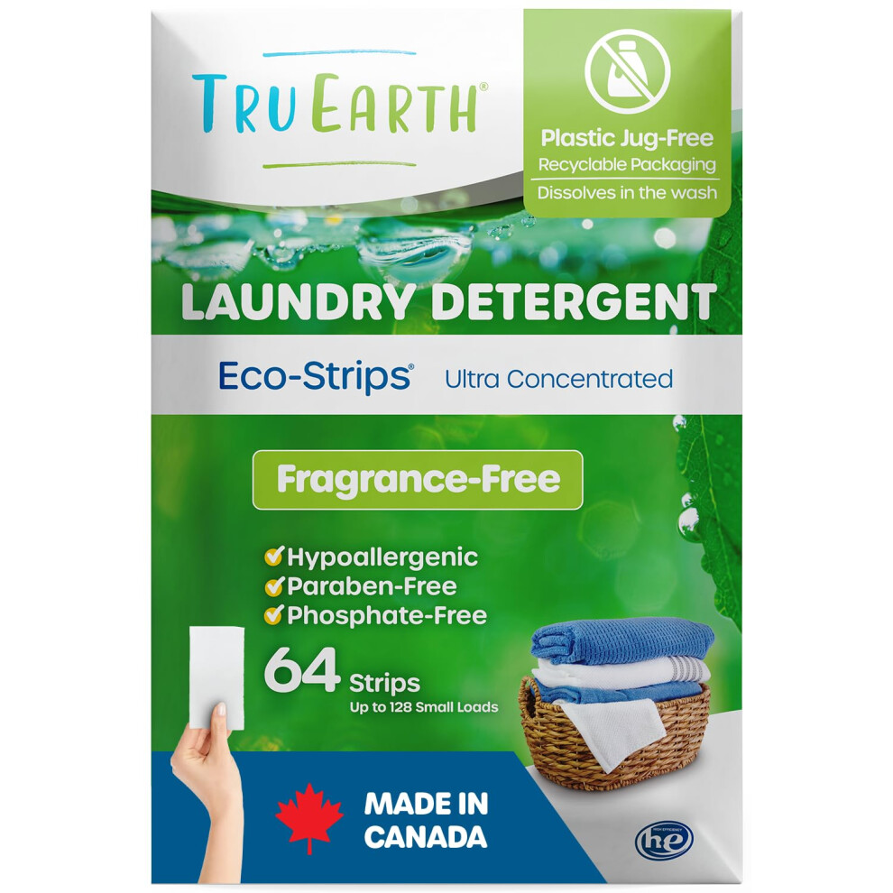 Tru Earth Eco-Strips Laundry Detergent (Fragrance-Free) - Eco-Friendly Ultra Concentrated Laundry Strips (64 Loads)