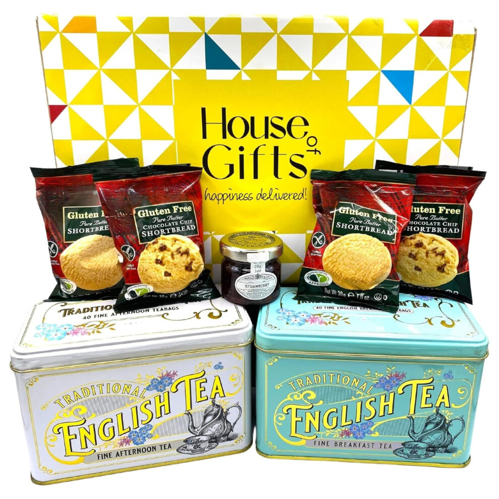 Gluten Free Hamper Biscuits & Shortbread Snacks Tea Gift Box with Jam For Her or Him | Coeliac Friendly | The Gift of Choice inc Tea Tins, Shortbread