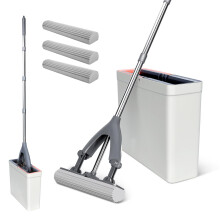Masthome Sponge Mop and Buckets Sets, Floor Mops with 3pcs Super High Absorption Sponge Heads,Lazy Squeeze Mop Bucket with 135cm Extendable Handle for