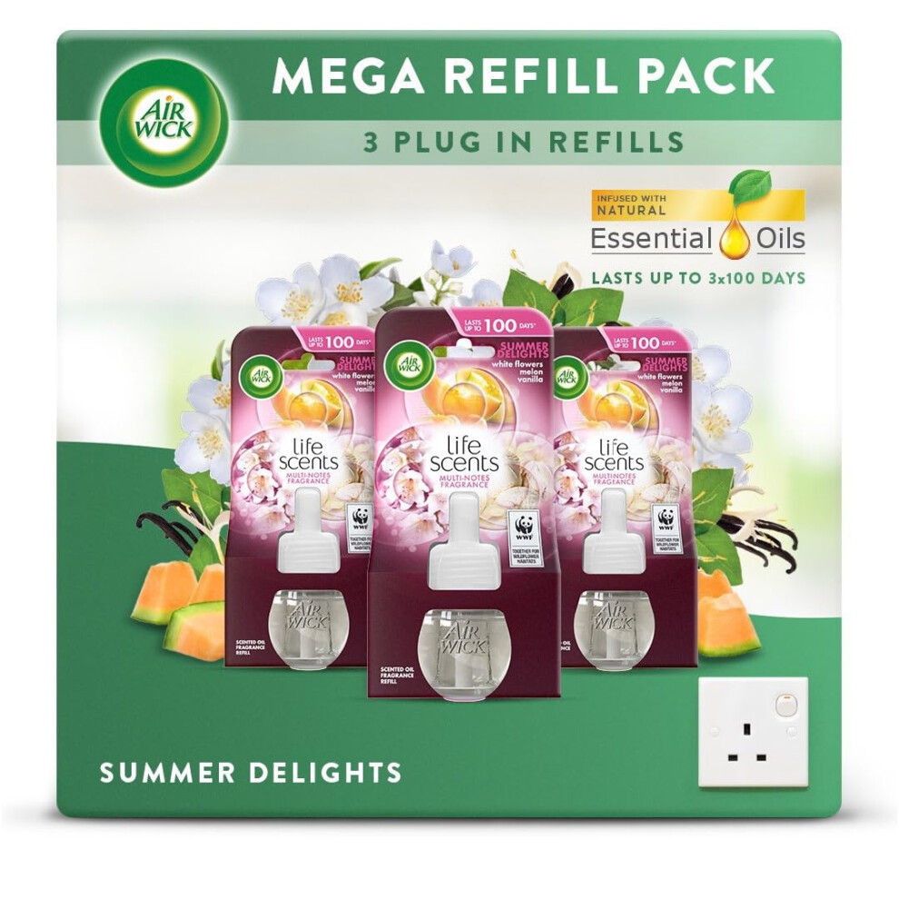 New Air Wick Plug In Diffuser Refill, Summer Delight, Pack 3 X 19Ml, Long Lasting Fragrance, Lasts Up To 300 Days, Plug In Air Freshener White 3173615