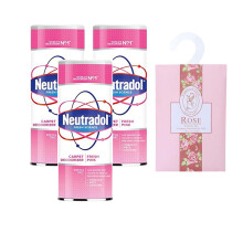 2-in-1 Shake and Vac Carpet Cleaner Powder Bundle: 3 x Neutradol 350g Shake and Vac Carpet Freshener Pink Fresh + Hanging Wardrobe Spice Scent Sachet