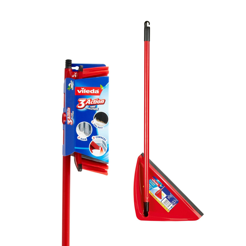 Vileda 160498 Long Handled Dustpan and Brush Set - 3 Action Broom and Dust pan with Long handle to reduce bending.
