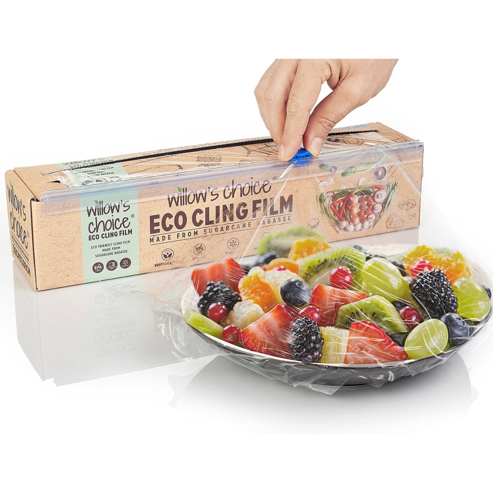 Willow's Choice Eco Cling Film, 100M X 300Mm, Made From Natural Sugarcane Plant Extracts, Vegan And Recyclable, Free From Bpa And Phthalates, Freezer