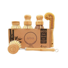 ARYA. | Eco Dish Brush Set | 4 Kitchen Washing Up Brushes & One Replacement Head | Bamboo & Natural Fibers | Eco Friendly Wooden Pot Brush Scourer