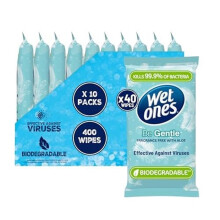 WET ONES - Be Gentle, Plastic Free Anti-bacterial Bio-degradable Hand Wipes, 400 Total - 10 packs x 40 wipes
