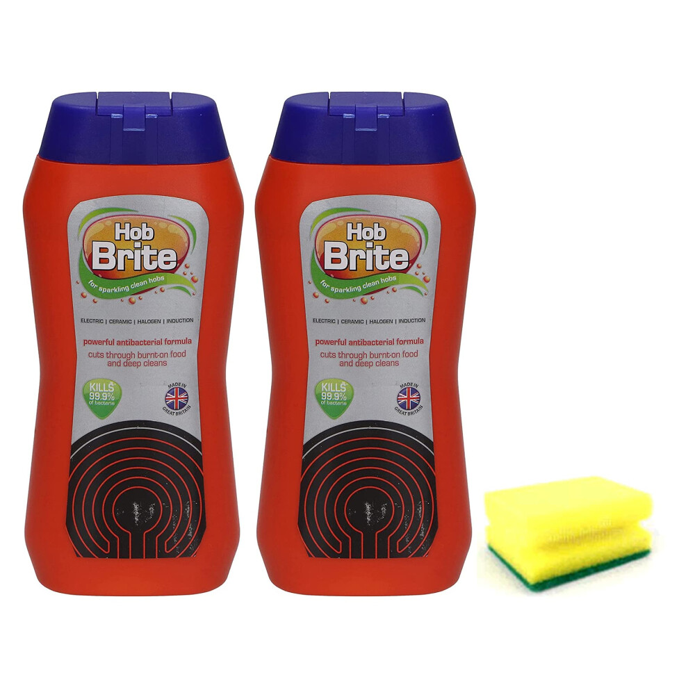 Topest Cream 2X Hob Brite Hob Cleaner Lemon Sherbet (2X 250 Ml), Ceramic, Electric, Halogen And Induction Hob Cleaner With Degreaser Sponge- Packaging May