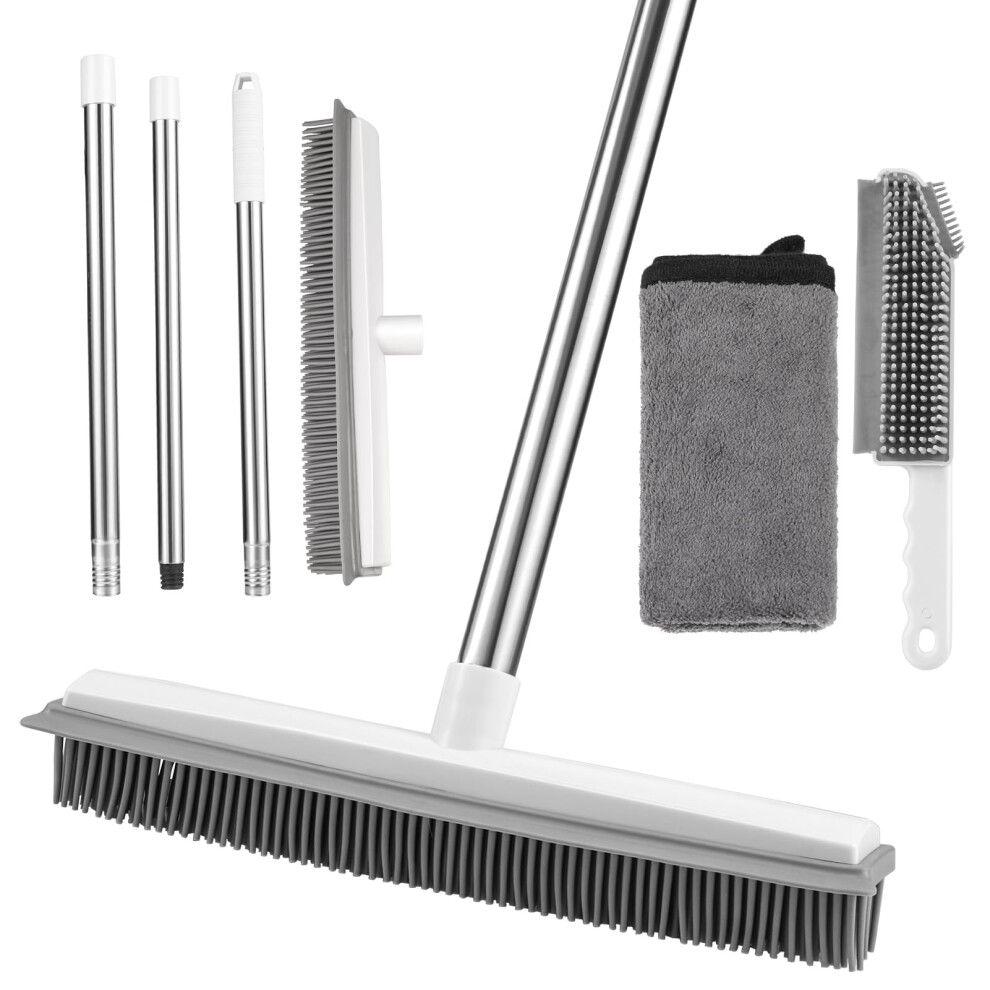 Kroy Pecoed 2 In 1 Rubber Broom With Squeegee, Rubber Brush With Adjustable Anti-Rust Long Handle For Human Pet Dog Hair Carpet Kitchen Garden