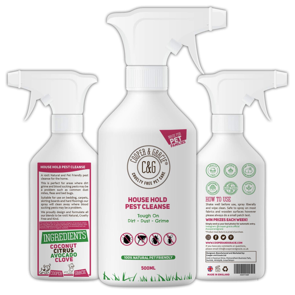 House Hold Pest Cleanse 500ml | Eliminates Flea Bedbug Mite | Natural & Safe For Environment | Pet & Children Friendly | Long-lasting Spray | Tough On