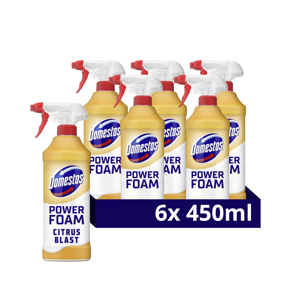 Domestos Power Foam Citrus Blast Upside Down Spray bleach-free toilet & bathroom cleaner eliminates 99.99%* of germs 6x 450 ml