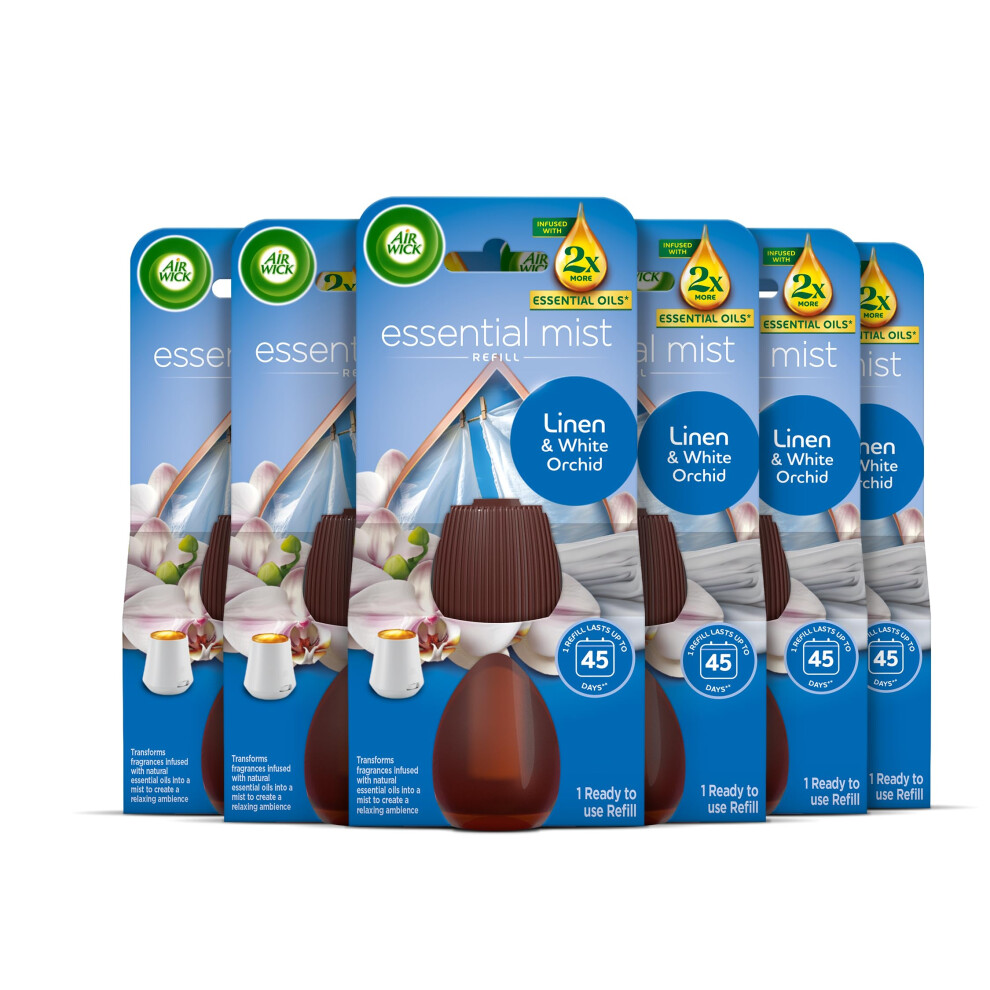 Air Wick Essential Mist Refills, Linen & Orchid, Pack 6 X 20Ml, Natural Essential Oils, Last Up To 270 Days, Air Freshener White