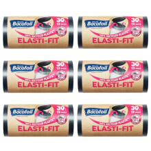 Bacofoil Elasti-Fit Bin Liners - 30L Recycled bin bags, 6 Rolls (72 Bags) - Leak-Proof, Elastic Fastening for Secure Fit - Made from 100% Recycled