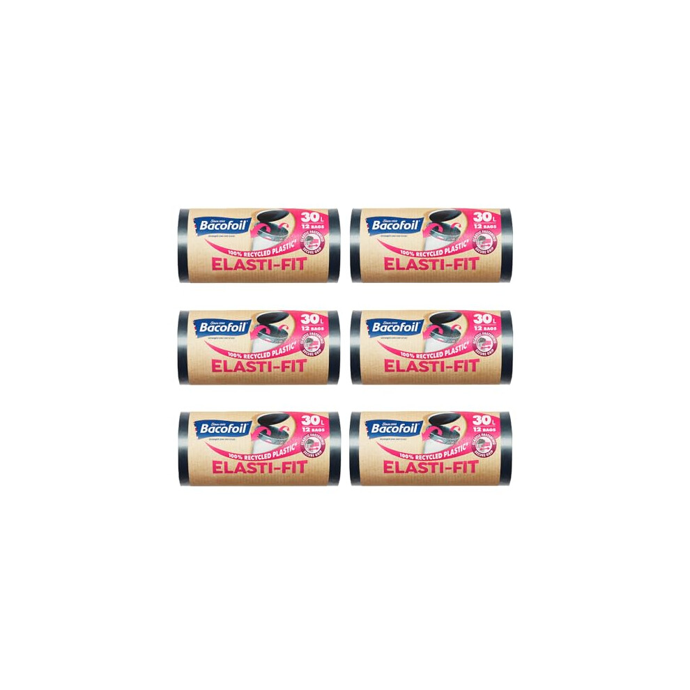 Bacofoil Elasti-Fit Bin Liners - 30L Recycled Bin Bags, 6 Rolls (72 Bags) - Leak-Proof, Elastic Fastening For Secure Fit - Made From 100% Recycled