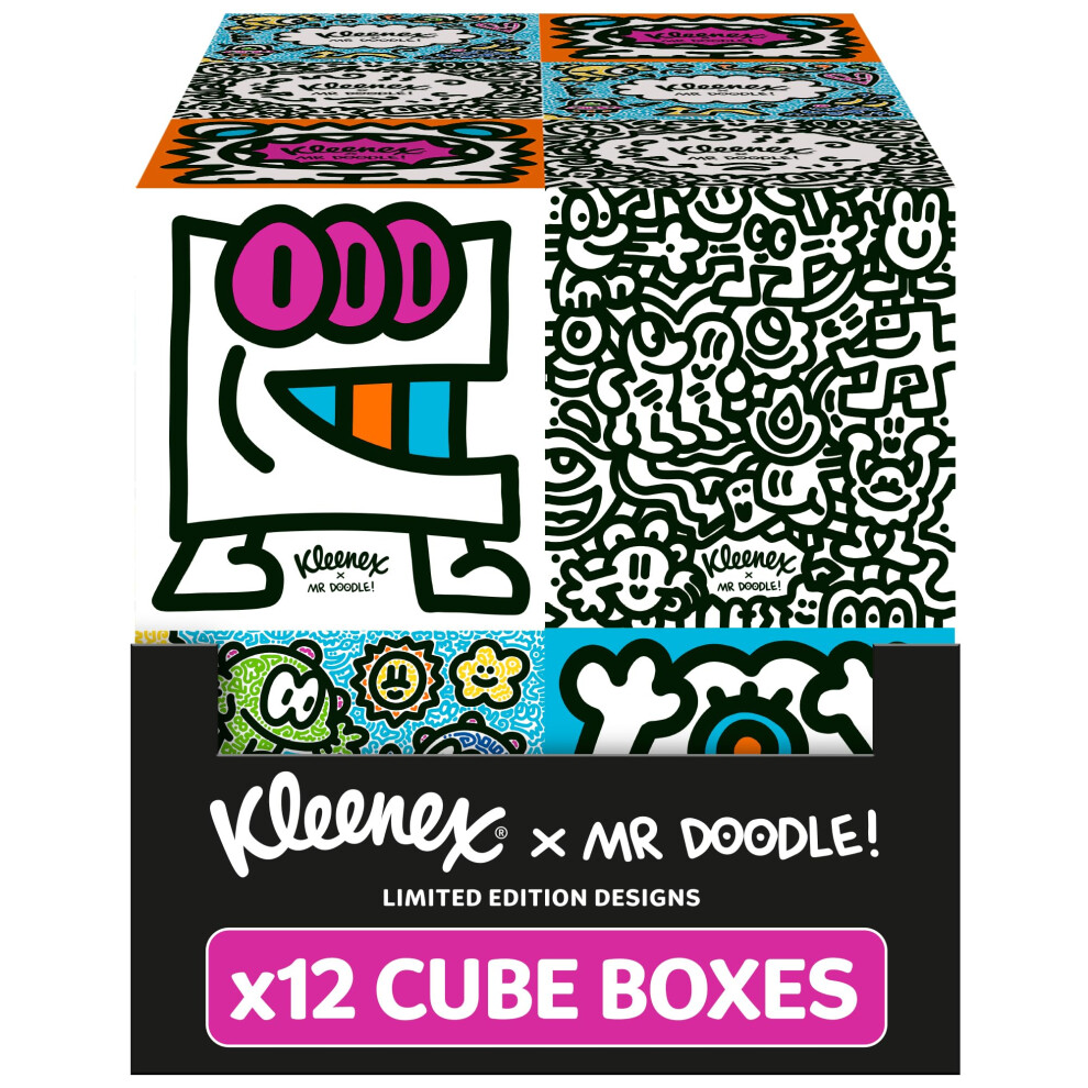 Kleenex X Mr Doodle Limited Edition Design Multipack Facial Tissues - 12 Cube Tissue Boxes, Designed In Collaboration With Mr Doodle, Made To Look