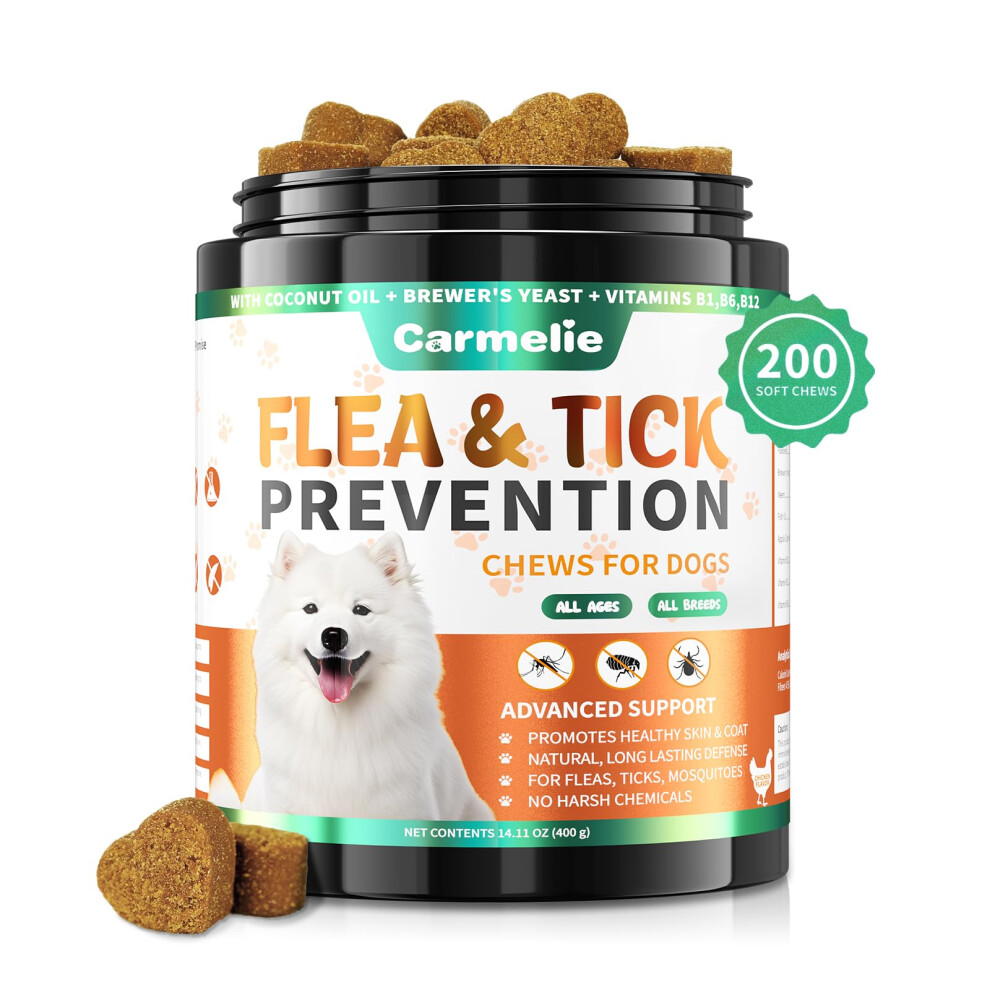 Carmelie Flea and Tick Chewables for Dogs - 200 Soft Chews Natural Dog Flea and Tick Prevention Chews - Oral Flea Supplement for Dogs, Puppy Flea